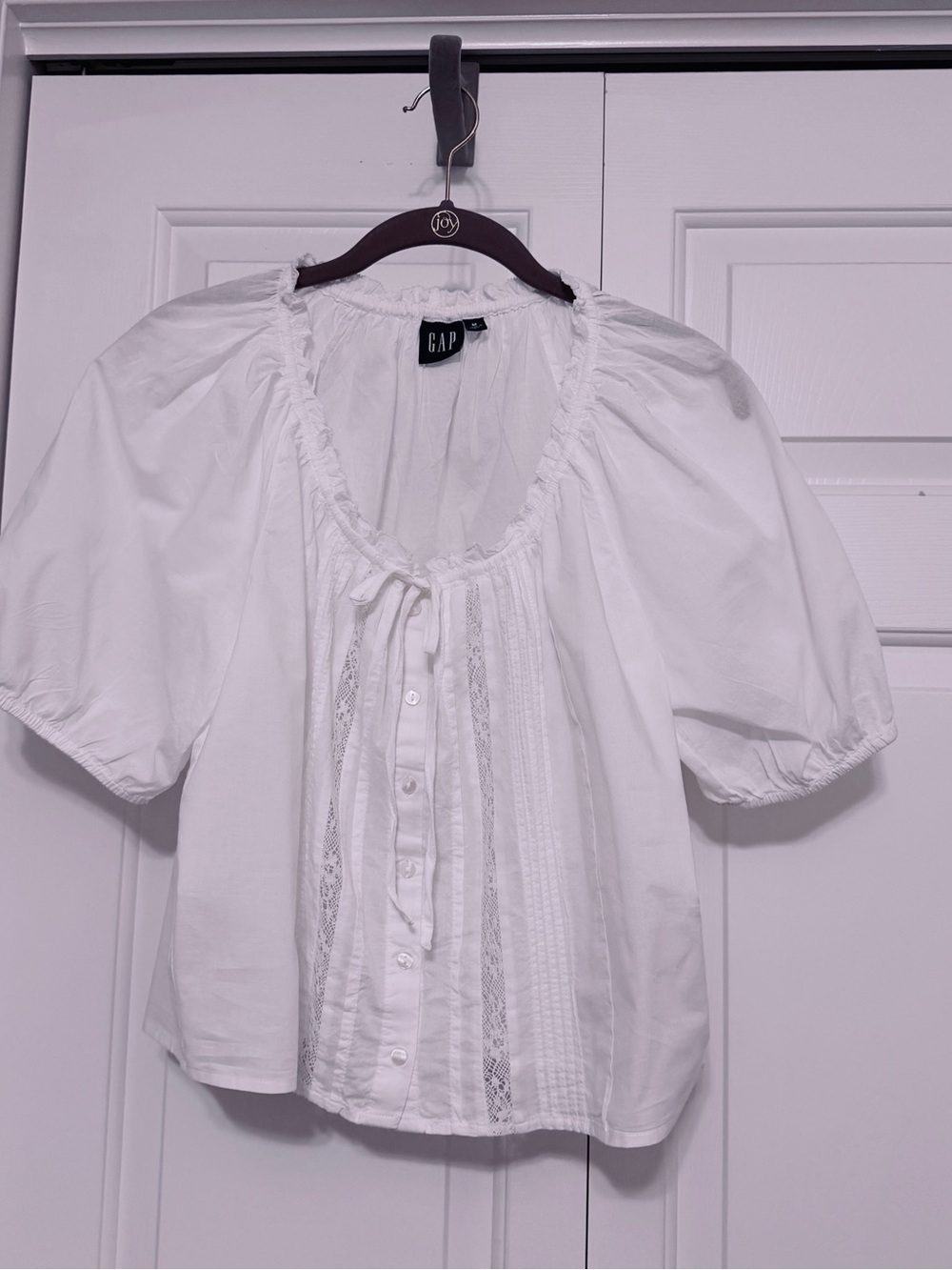 GAP White Puff-Sleeve Lace-Front Blouse